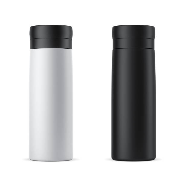 Blank white and black travel thermos Mockup isolated on white Blank white and black travel thermos Mockup isolated on white, 3d rendering thermal image stock pictures, royalty-free photos & images