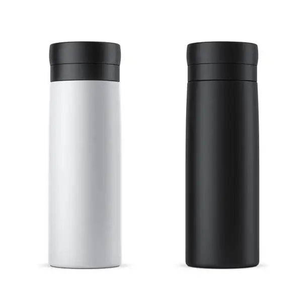 Photo of Blank white and black travel thermos Mockup isolated on white