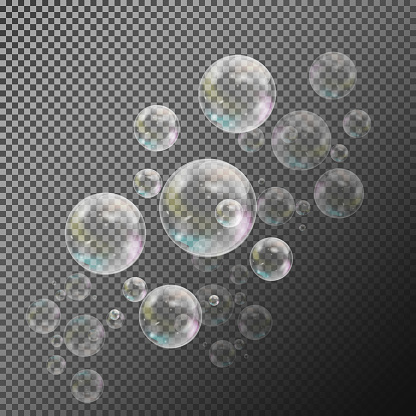 Realistic soap bubbles with rainbow reflection set isolated on the black transparent background. vector Illustration