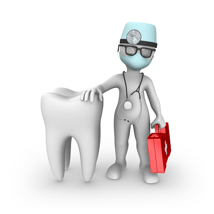 3d white man (doctor) with big tooth. 3d rendered illustration with small people.