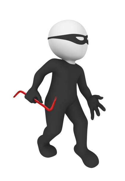 3d criminal with crowbar. 3d rendered illustration with small people.