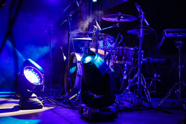 istock Drum Set with some cymbals on stage before a live Concert. 1017023882