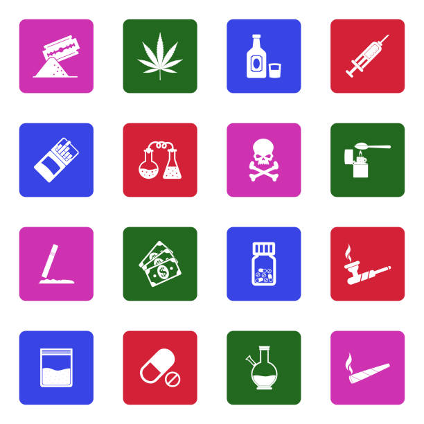 Drugs Icons. White Flat Design In Square. Vector Illustration. Marijuana, Lsd, Methamphetamine, Cocaine, Heroin, Addict drug cartel stock illustrations