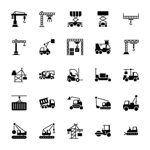 Different Cranes Icons Here is a pack having industrial cranes solid  icons having carrying, picking, loading and lifting machine cranes visuals. This automotive pack of cranes and lifting machine contains forklift, truck, trailer and all hooked lifts vehicles. Grab this pack without any delay for the betterment of your upcoming projects. gantry crane stock illustrations