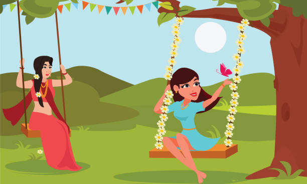 Young woman playing swings tied on tree branches. Raja Parba or Mithuna Sankranti or Raja Doli khela. Oriya or Odisha region Indian cultural festival celebration concept illustration vector. raja stock illustrations