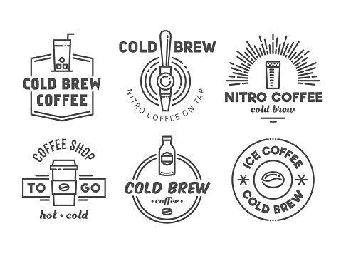 Cold brew coffee and nitro coffee badges. Vector line art logos for cafe of coffee shop.