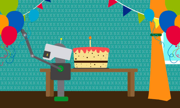 Domestic robot decorating house for birthday party. Personal robot assistance futuristic concept illustration vector. computer birthday stock illustrations
