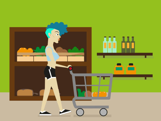 piękna młoda kobieta fitness zakupy owoców i warzyw w dziale produkcji sklepu spożywczego lub supermarketu. - shopping supermarket department store women stock illustrations