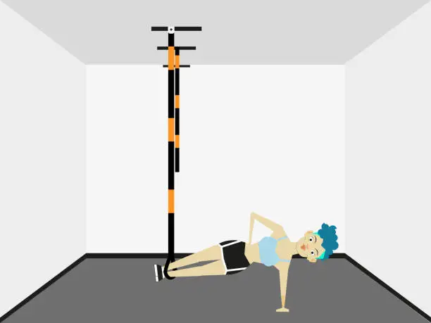 Vector illustration of Leg day at the gym. Woman working out her legs with pulley at pilates studio.