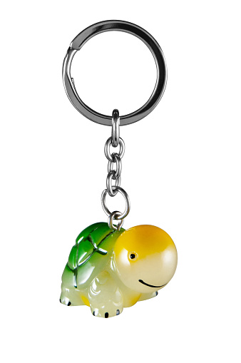 A tortoise key chain with a ring for keys isolated on white with clipping path