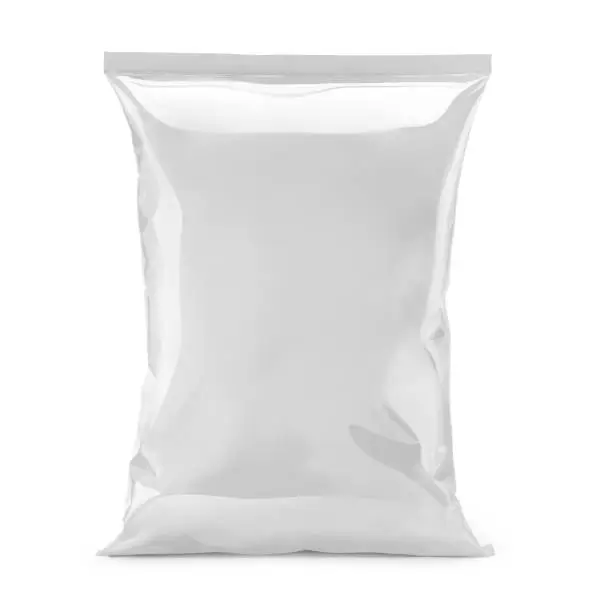 Photo of blank or white plastic bag snack packaging isolated on white