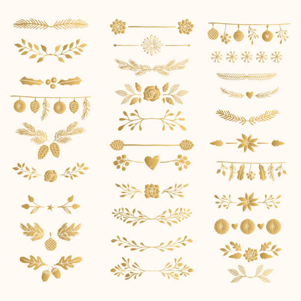 ilustrações de stock, clip art, desenhos animados e ícones de set of golden hand drawn winter text decoration. gold foil dividers and separators. - christmas ornament christmas christmas decoration leaf