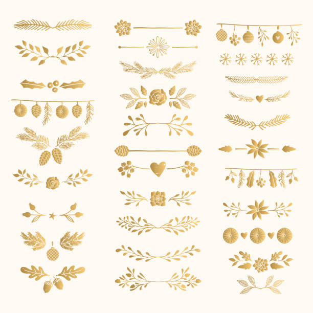 Set of golden hand drawn winter text decoration. Gold foil dividers and separators. Set of golden hand drawn winter text decoration. Gold foil dividers and separators. filigree illustrations stock illustrations