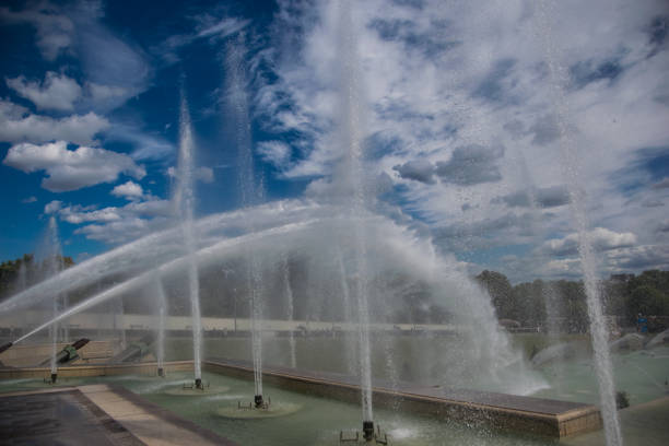 Paris : fountain in Jardin des Tuileries in spring, with Louvre museum in background. France, March 19, 2021.