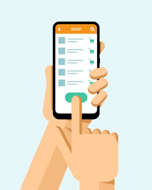 istock Hand holds the smartphone with online shop application. Flat vector modern phone mock-up illustration 1017110808