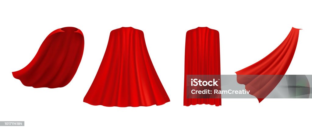 Superhero red cape in different positions, front, side and back view  on white background. Cape - Garment stock vector