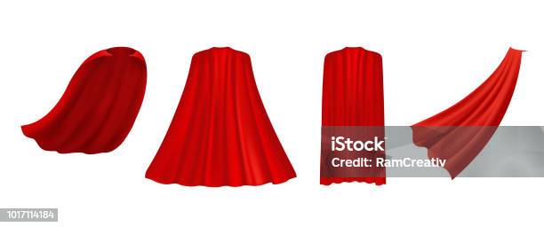 Superhero Red Cape In Different Positions Front Side And Back View On White Background Stock Illustration - Download Image Now