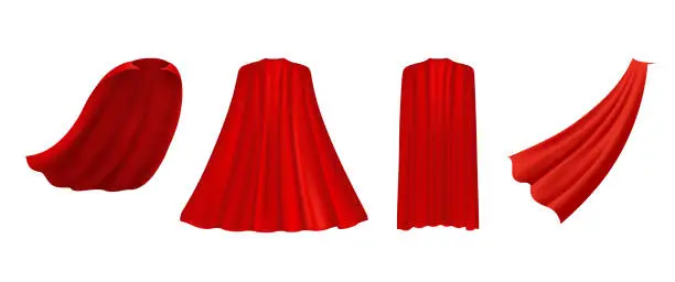 Vector illustration of Superhero red cape in different positions, front, side and back view  on white background.