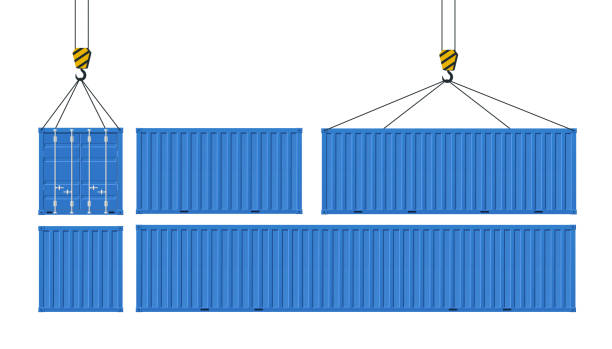 satz von containern für den transport von gütern. kran hebt blauen container. konzept der weltweite lieferung. - container stock-grafiken, -clipart, -cartoons und -symbole