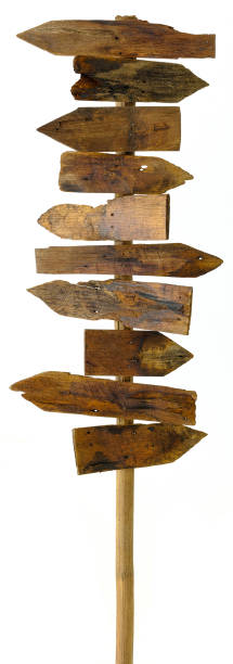 istock Old worn and weathered wooden post with old direction arrow pointer signs pointing in opposite directions. 1017117102