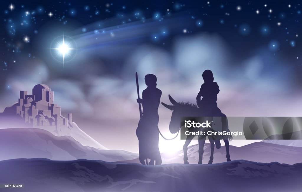 Nativity Christmas Illustration Mary and Joseph A nativity Christmas scene illustration of the Mary and Joseph a donkey on their journey, the star of Bethlehem and the city in the background Virgin Mary stock vector