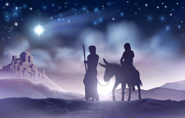 Nativity Christmas Illustration Mary and Joseph A nativity Christmas scene illustration of the Mary and Joseph a donkey on their journey, the star of Bethlehem and the city in the background west bank stock illustrations