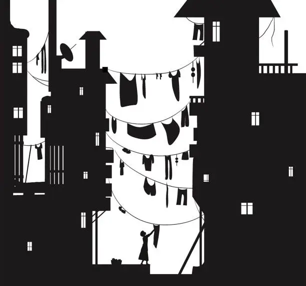Vector illustration of loundry day in the city, woman hungs the washing cloth, cloth hung between the houses, summer sity view with cloth wire silhouette, black and white,