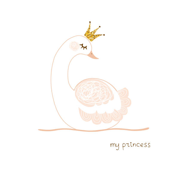 ilustrações de stock, clip art, desenhos animados e ícones de cute little swan princess with gold crown vector illustration card - swan princess cartoon crown