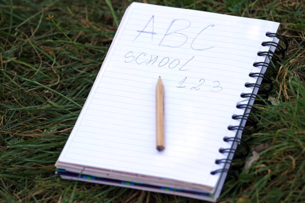 Back to school concept. Education and nature. A B C , school and 1 2 3 write on a notebook. Notebook and a pencil. Copy space for notes. Time for school and reading. Learning outside. Schoolbook and pen. Pencil and open manual.