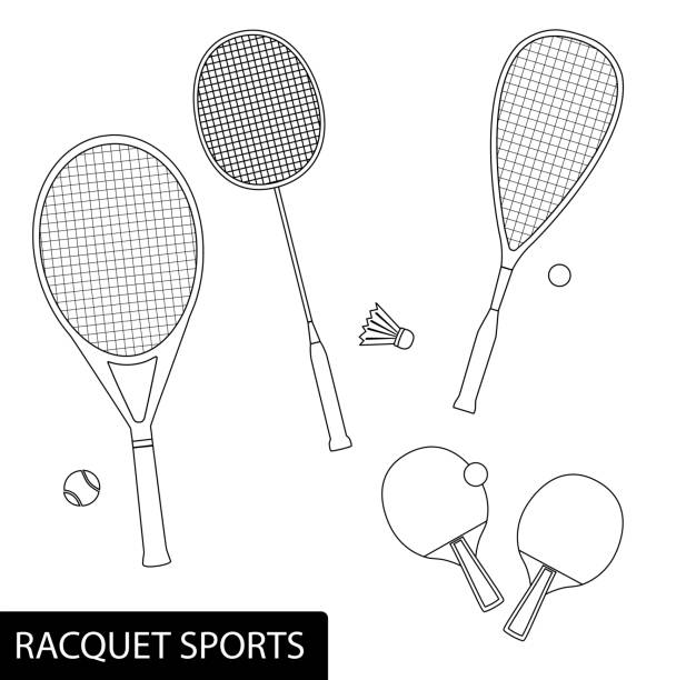 zestaw sportów rakietowych w projektowaniu konturów - sprzęt do tenisa, tenisa stołowego, badmintona i squasha - rakiety i piłki - squash tennis stock illustrations