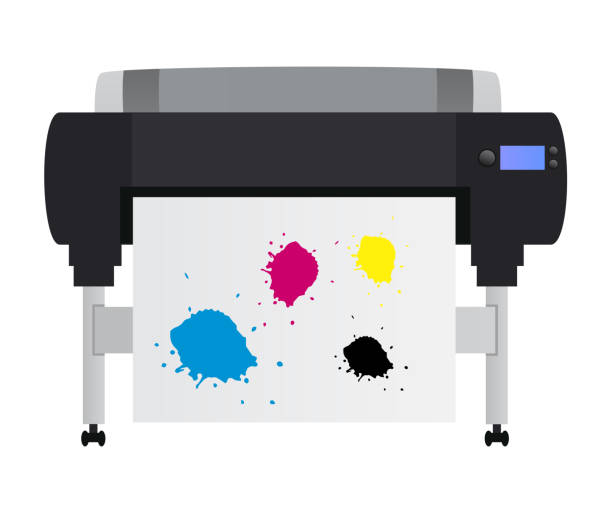 ilustrações, clipart, desenhos animados e ícones de ilustração em vetor de jato de tinta grande plotter impressora para a impressão de muitos produtos - inkjet