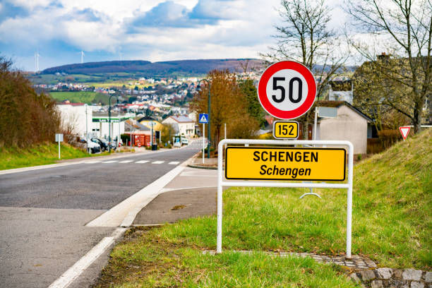 Schengen Town Sign, Luxembourg Luxembourg, Europe - March 29, 2018: Luxembourg  view showing a town with street sign in Schengen area schengen agreement photos stock pictures, royalty-free photos & images