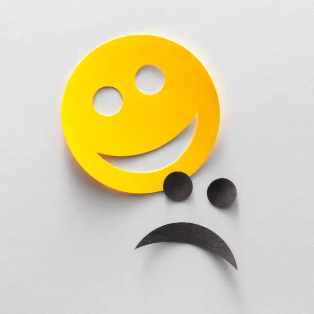 Happy and sad emoji smiley faces or comedy and tragedy theater masks isolated on white background.