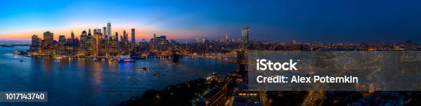 The Aerial Scenic Panoramic View To Manhattan Downtown From Brooklyn Heights Over The East River At The Sunset Stock Photo - Download Image Now