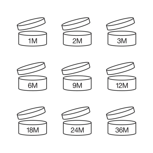 화장품 패키지 기호, 기호를 연 후 기간 - 12 18 months illustrations stock illustrations