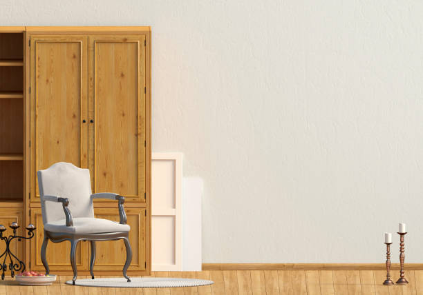 istock Classic interior with wardrobe and chair. Wall mock up. 3d illustration. 1017150392