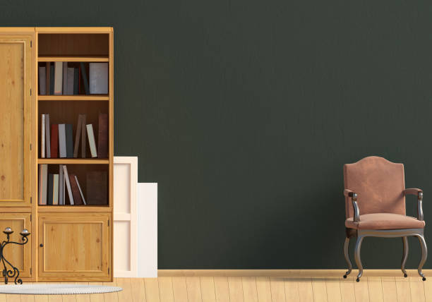 istock Classic interior with bookcase and chair. Wall mock up. 3d illustration. 1017150418
