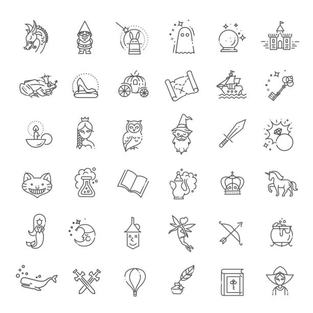 Simple Set of Fantasy Related Vector Line Icon Magic and Alchemy thin line art icons set. Fairy tale, fantasy, fiction book frog illustrations stock illustrations