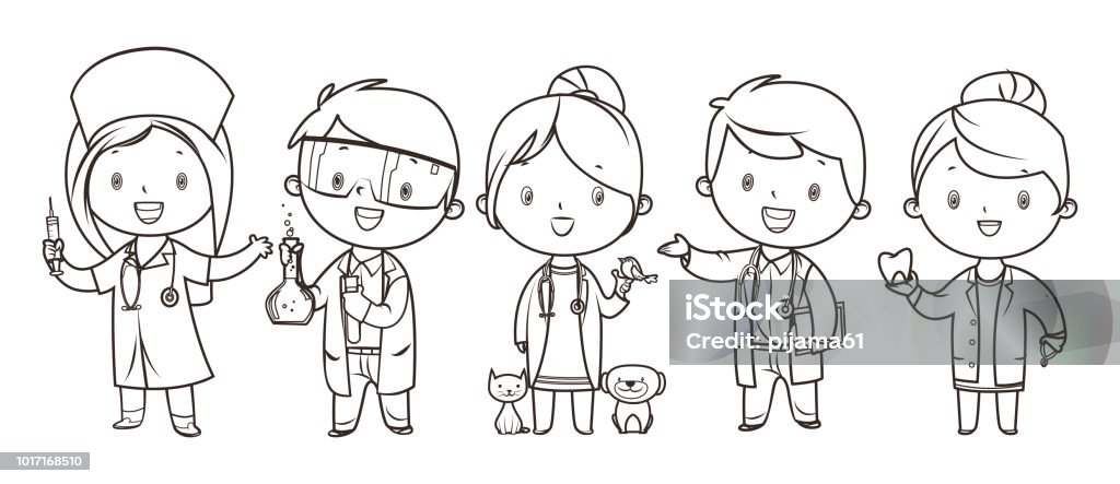 Coloring Book, Set of kids Medicine and Healthcare Professions Vector coloring Book, Set of kids Medicine and Healthcare Professions Coloring Book Page - Illlustration Technique stock vector