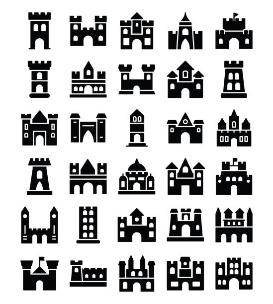 Medieval Castles Glyph Icons The medieval times castles icons set consists of historical fort buildings, architects, residential villas, bailey castles, french castles and many more to memorize history of lords residencial places.  An excellent architectural pack to be used in related projects. conwy castle stock illustrations