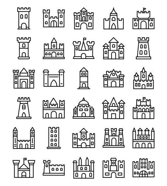 Castles Line Icons The medieval times castles icons set consists of historical fort buildings, architects, residential villas, bailey castles, french castles and many more to memorize history of lords residencial places.  An excellent architectural pack to be used in related projects. ludlow shropshire stock illustrations