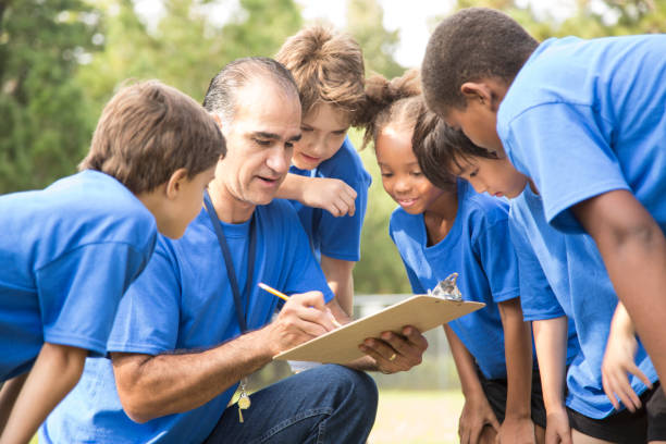 istock Soccer team coach explains next play to his children's team. 1017190812