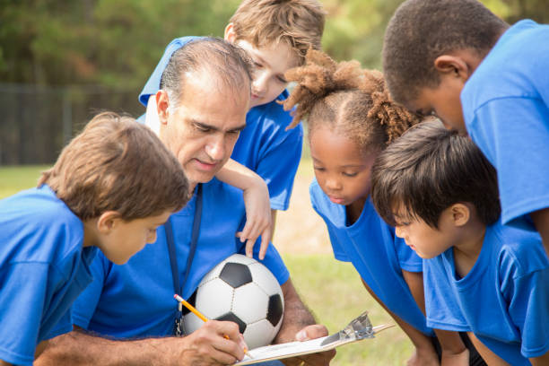 istock Soccer team coach explains next play to his children's team. 1017192908