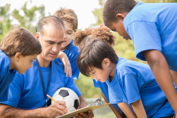 istock Soccer team coach explains next play to his children's team. 1017192946