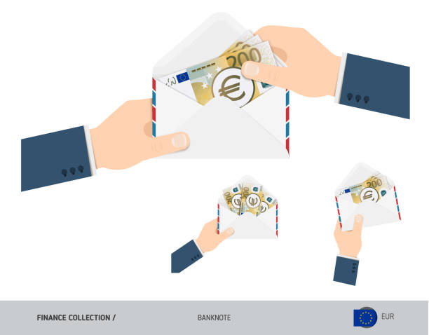 200 евро банкноты в конверте держатся в руке. группа плоского стиля открыла белые конверты с наличными деньгами. выплата заработной платы ил� - bank symbol computer icon european union euro note stock illustrations