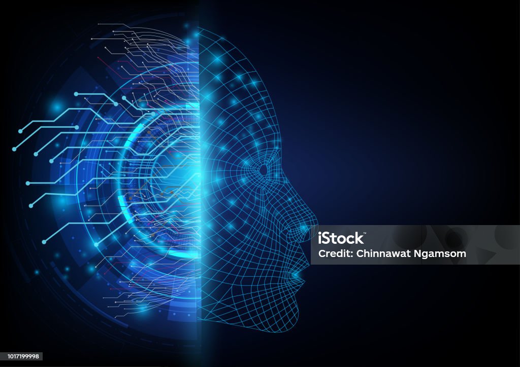 Abstract futuristic on the two sides between a digital communication of neural network and an artificial intelligence robotic face. Information and Technology background Artificial Intelligence stock vector