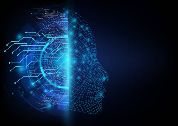 Abstract futuristic on the two sides between a digital communication of neural network and an artificial intelligence robotic face. Information and Technology background human head stock illustrations