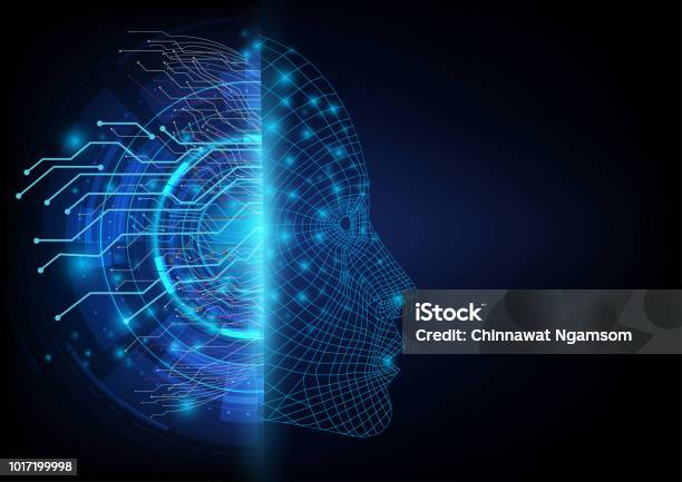 Abstract Futuristic On The Two Sides Between A Digital Communication Of Neural Network And An Artificial Intelligence Robotic Face Stock Illustration - Download Image Now