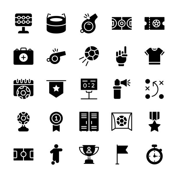 Football and Soccer Icons Pack The pack of football and soccer is portraying icons regarding football games, football equipments, soccer, such as ball, pitch,first aid kit clothes, and so on. Grab the pack and utilize it in athletic and sporty projects. football locker room stock illustrations