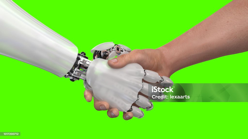 Roboter und Menschen, die Hände schütteln - Lizenzfrei Hände schütteln Stock-Foto